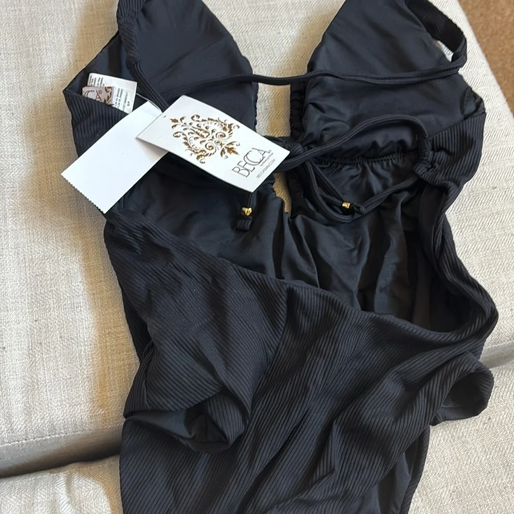 BECCA Women's Modern Edge One Piece Swimsuit, Plunge Neck, Adjustable, Tie Back